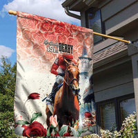 Kentucky Derby garden flag with jockey riding dark horse and rose floral border