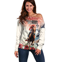 Off-shoulder sweater with derby horse and rose print, long sleeves