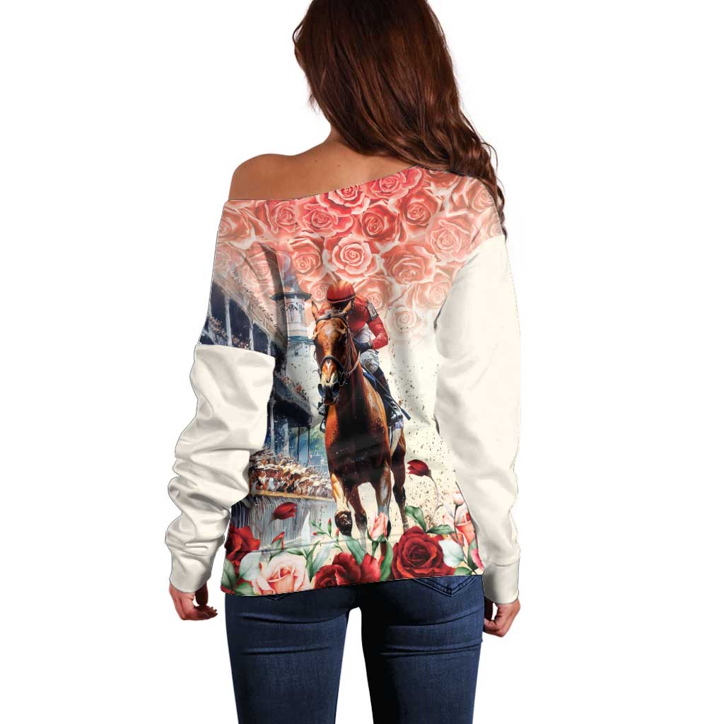 Back view off-shoulder sweater with derby horse and roses graphic