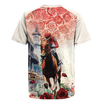 Beige short-sleeve rugby jersey with back horse-rider graphic and roses on jersey