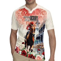 Beige short-sleeve rugby jersey with front horse-rider graphic and roses