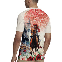 Beige short-sleeve rugby jersey with back horse-rider graphic and roses on model