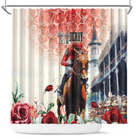 Beige shower curtain with horse rider, “Kentucky Derby” text, and red rose border