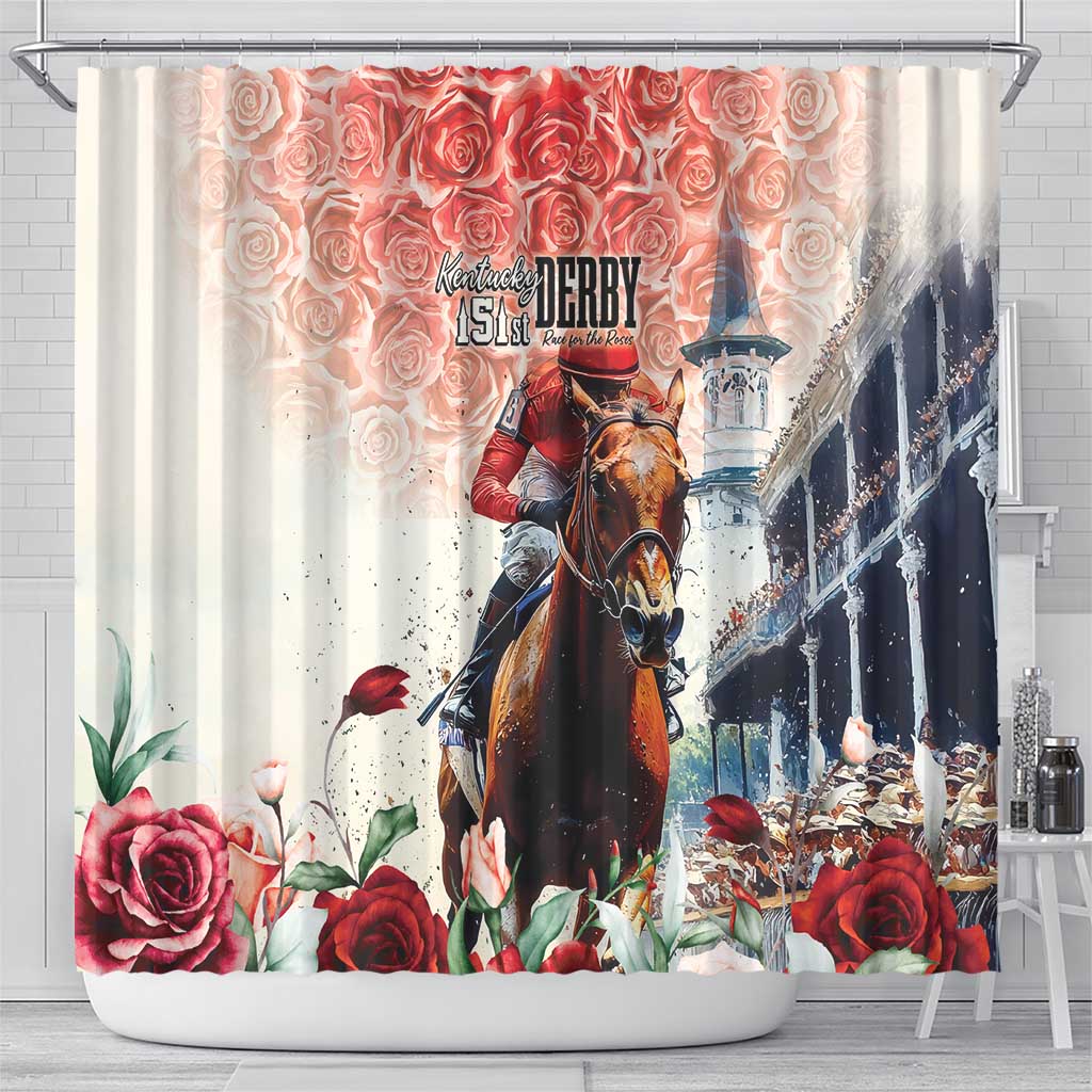 Beige shower curtain featuring a horse rider, “Kentucky Derby” lettering, and roses