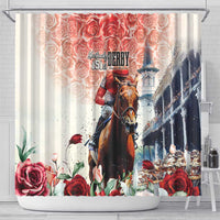 Beige shower curtain featuring a horse rider, “Kentucky Derby” lettering, and roses