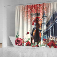 Beige shower curtain with horse and rider scene, roses at bottom, and “Kentucky Derby”