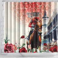 Beige shower curtain with top grommets, horse rider graphic, roses, and “Kentucky Derby”