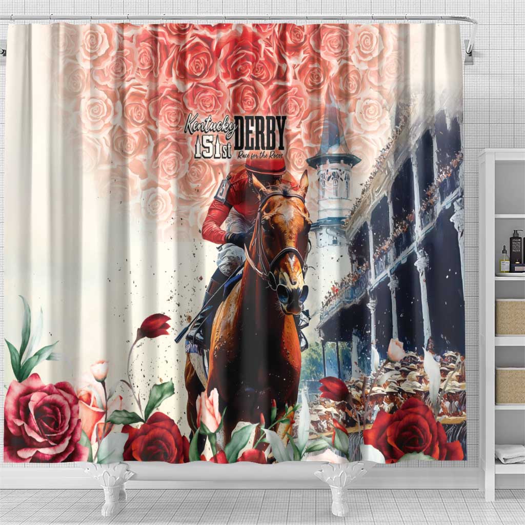 Beige shower curtain with horse rider artwork, red roses, and “Kentucky Derby” title