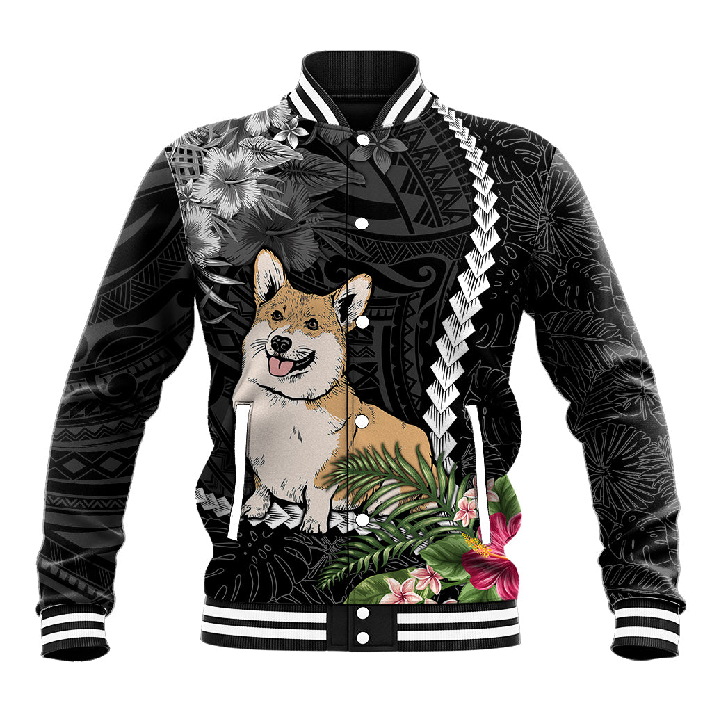 Black baseball jacket with Corgi dog graphic, tropical leaves, button front, striped ribbed trim.