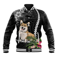 Black baseball jacket with Corgi dog graphic, tropical leaves, button front, striped ribbed trim.