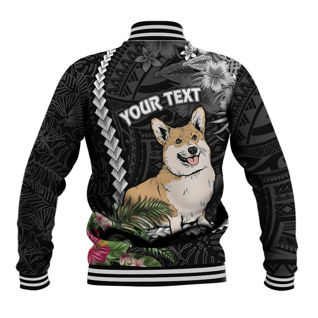 Black baseball jacket with Corgi dog graphic, tropical flowers, ribbed striped cuffs and hem.