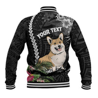 Black baseball jacket with Corgi dog graphic, tropical flowers, ribbed striped cuffs and hem.