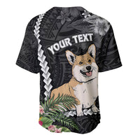 Black baseball jersey with corgi dog, tropical print, and YOUR TEXT on back