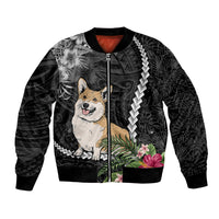 Unisex black bomber jacket with zip front, corgi dog graphic and tropical flowers