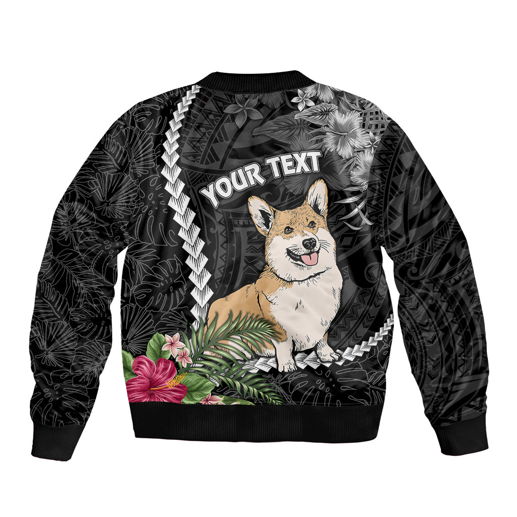 Unisex black bomber jacket with zip front, corgi dog graphic and 'YOUR TEXT' print