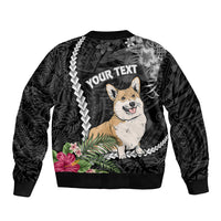 Unisex black bomber jacket with zip front, corgi dog graphic and 'YOUR TEXT' print