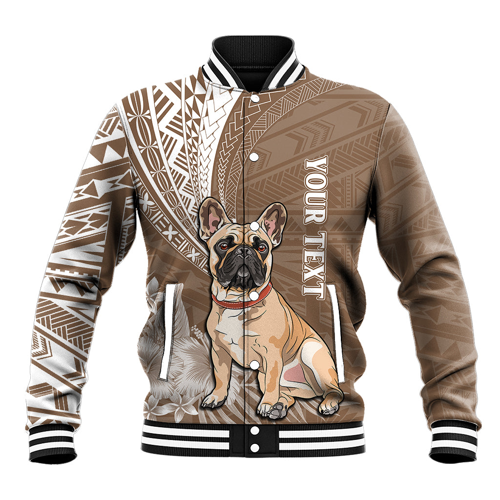Brown varsity baseball jacket with bulldog graphic and Polynesian tribal tattoo sleeves