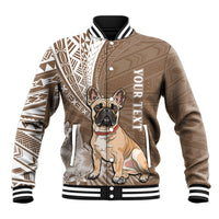 Brown varsity baseball jacket with bulldog graphic and Polynesian tribal tattoo sleeves