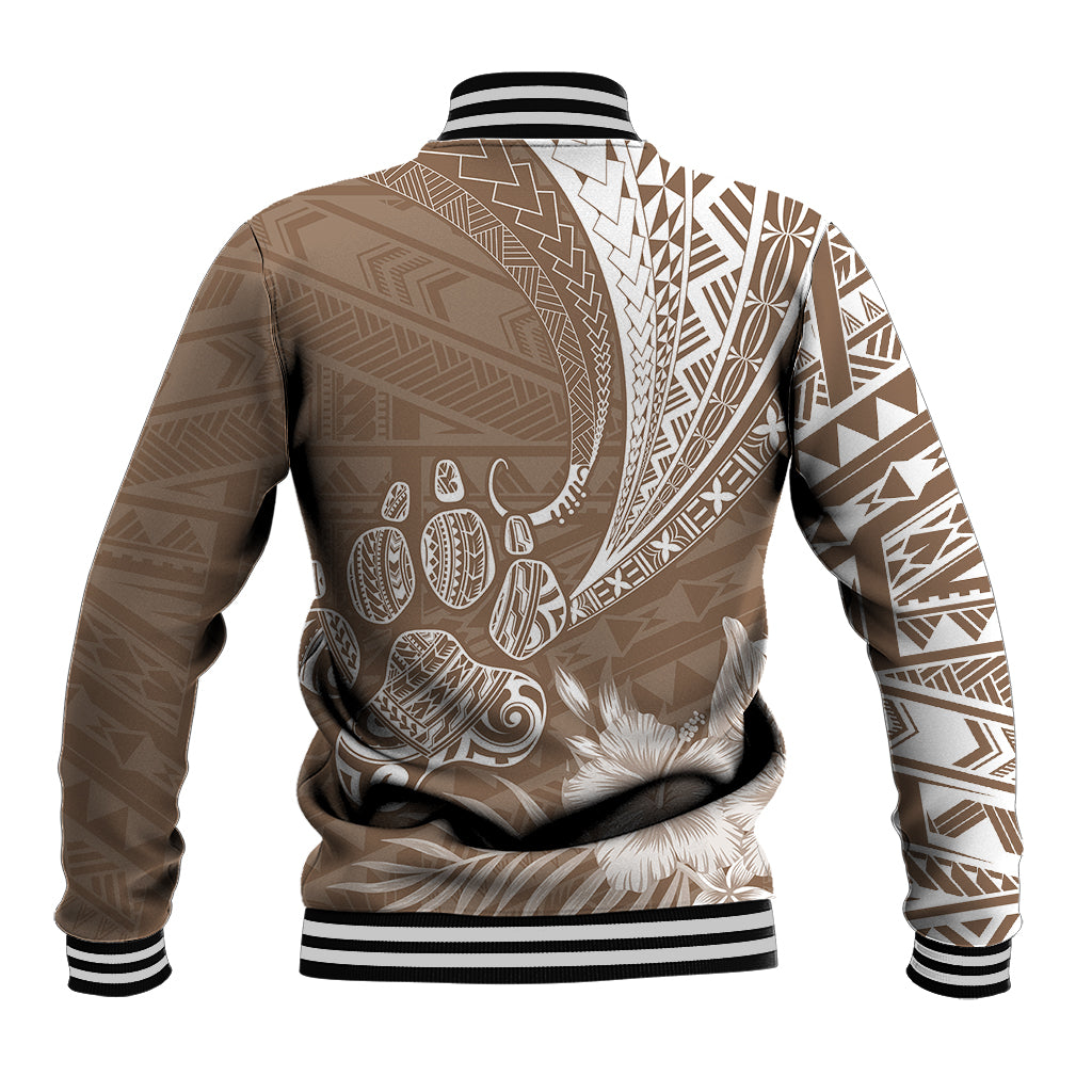 Brown varsity baseball jacket with tribal back print and striped ribbed collar/cuffs