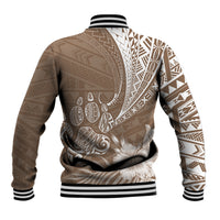 Brown varsity baseball jacket with tribal back print and striped ribbed collar/cuffs