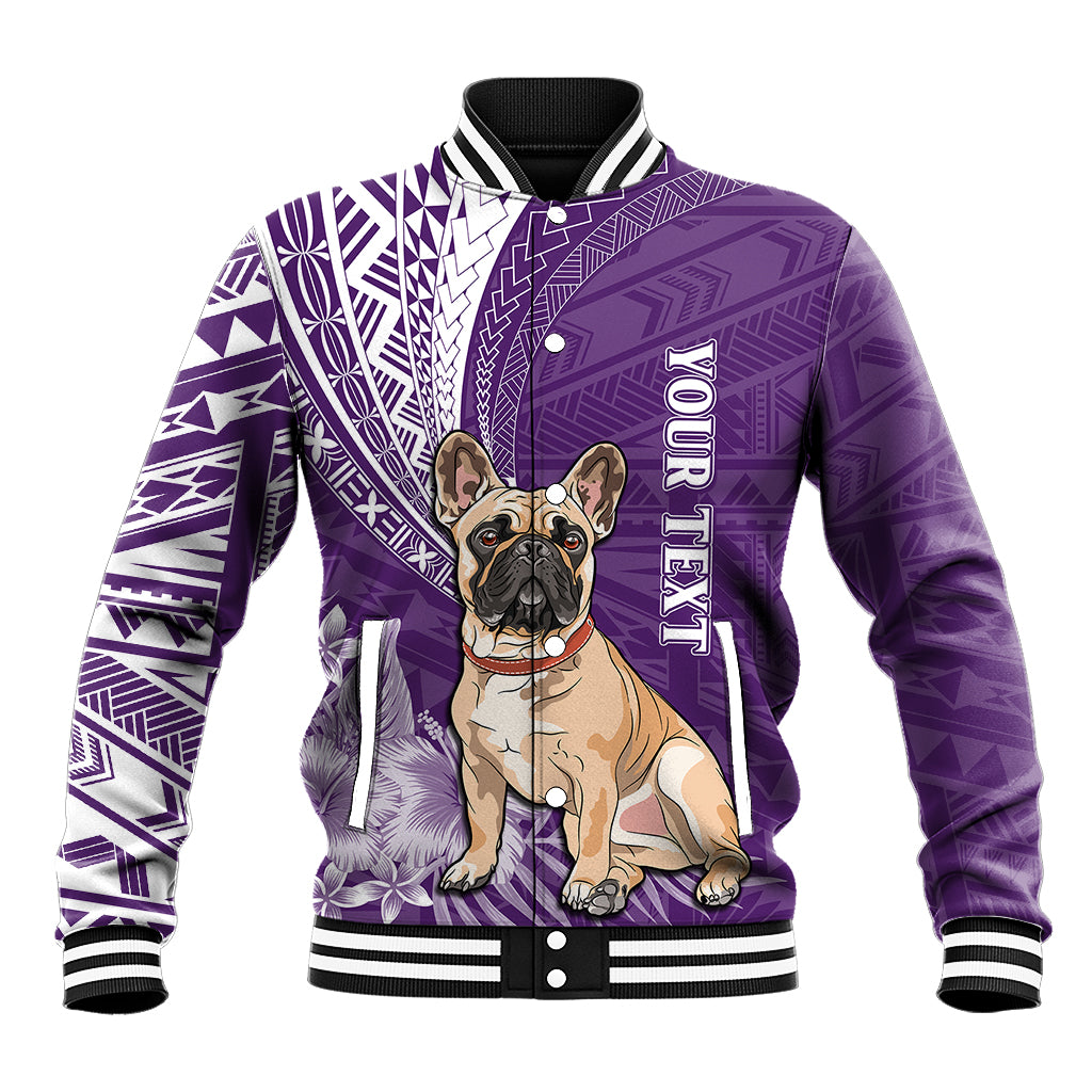 Purple baseball jacket with bulldog graphic, violet tribal patterns, striped ribbed trim