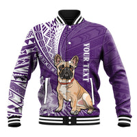 Purple baseball jacket with bulldog graphic, violet tribal patterns, striped ribbed trim