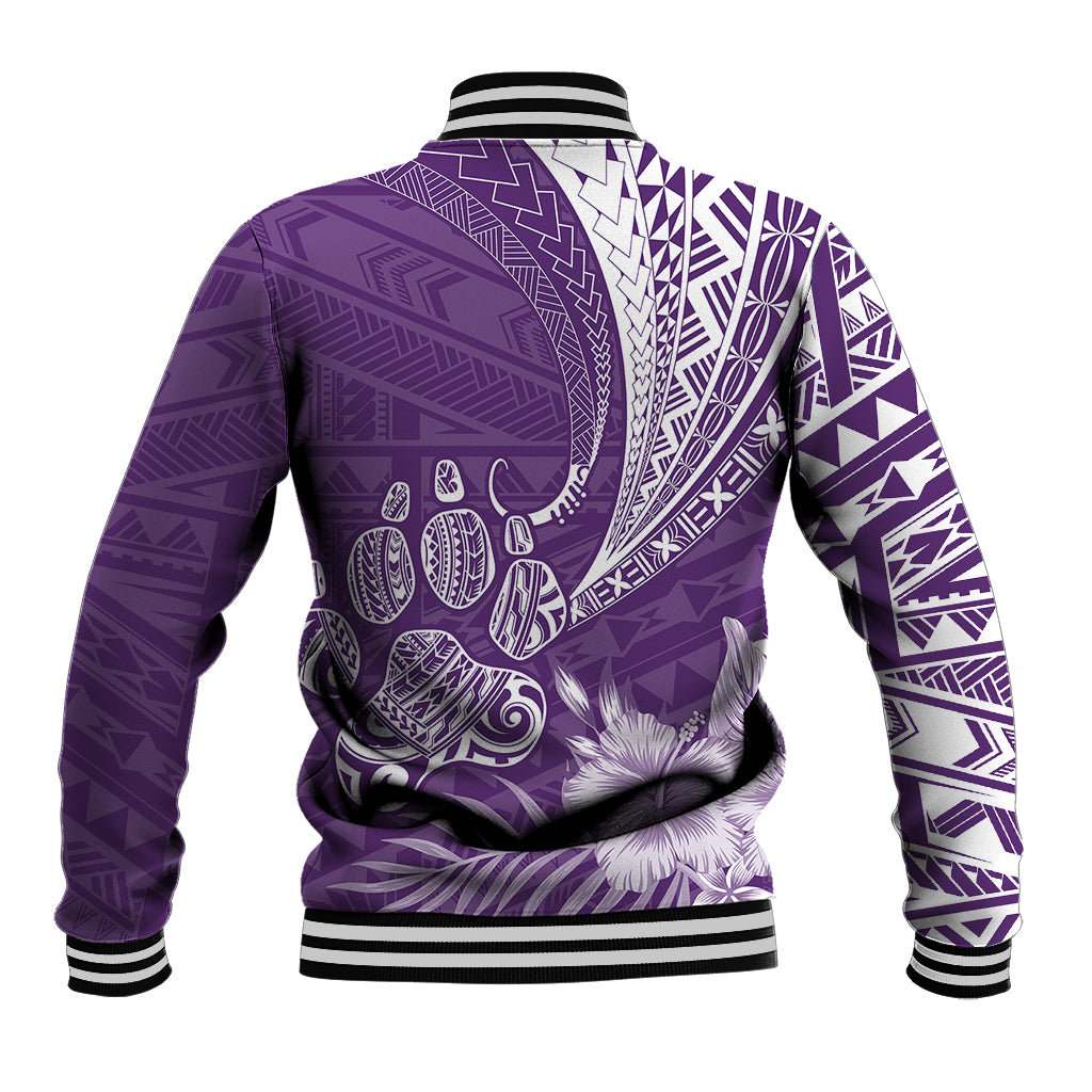 Purple baseball jacket back with geometric tribal prints and feather motifs, ribbed cuffs