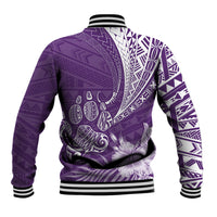 Purple baseball jacket back with geometric tribal prints and feather motifs, ribbed cuffs
