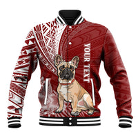 Red baseball jacket with bulldog graphic, white tribal tattoo sleeves, striped collar