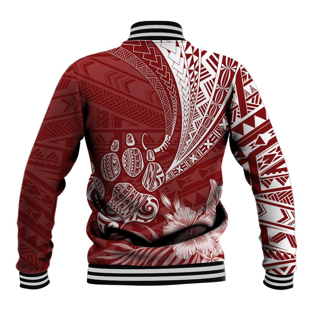 Red baseball jacket back with white tribal pattern and floral dog illustration, striped hem