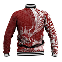 Red baseball jacket back with white tribal pattern and floral dog illustration, striped hem
