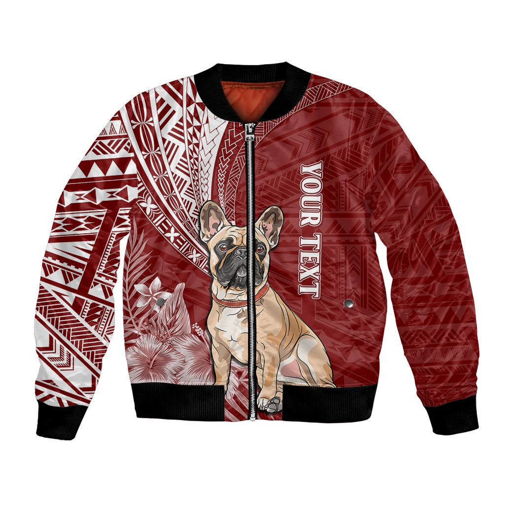 Red bomber jacket with Polynesian tribal print, bulldog graphic, front zip, black trim