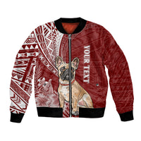 Red bomber jacket with Polynesian tribal print, bulldog graphic, front zip, black trim