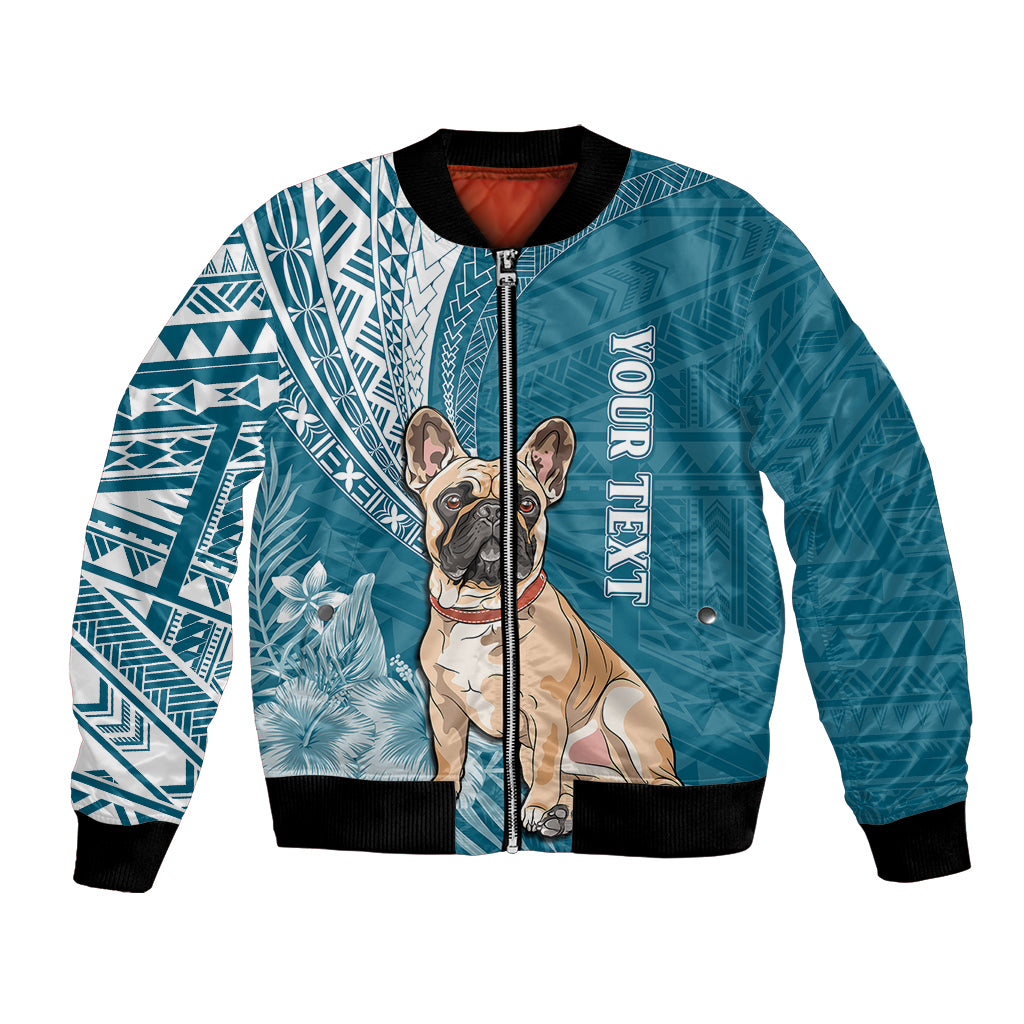 Teal bomber jacket with dog graphic, tribal tattoo patterns, and ribbed collar, cuffs