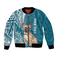 Teal bomber jacket with dog graphic, tribal tattoo patterns, and ribbed collar, cuffs