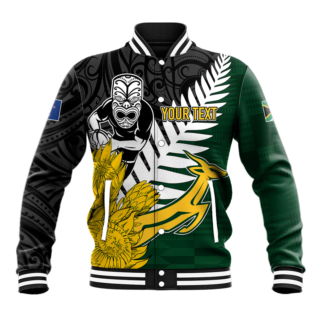 Black and green baseball jacket with striped collar and yellow tribal front graphic: YOUR TEXT