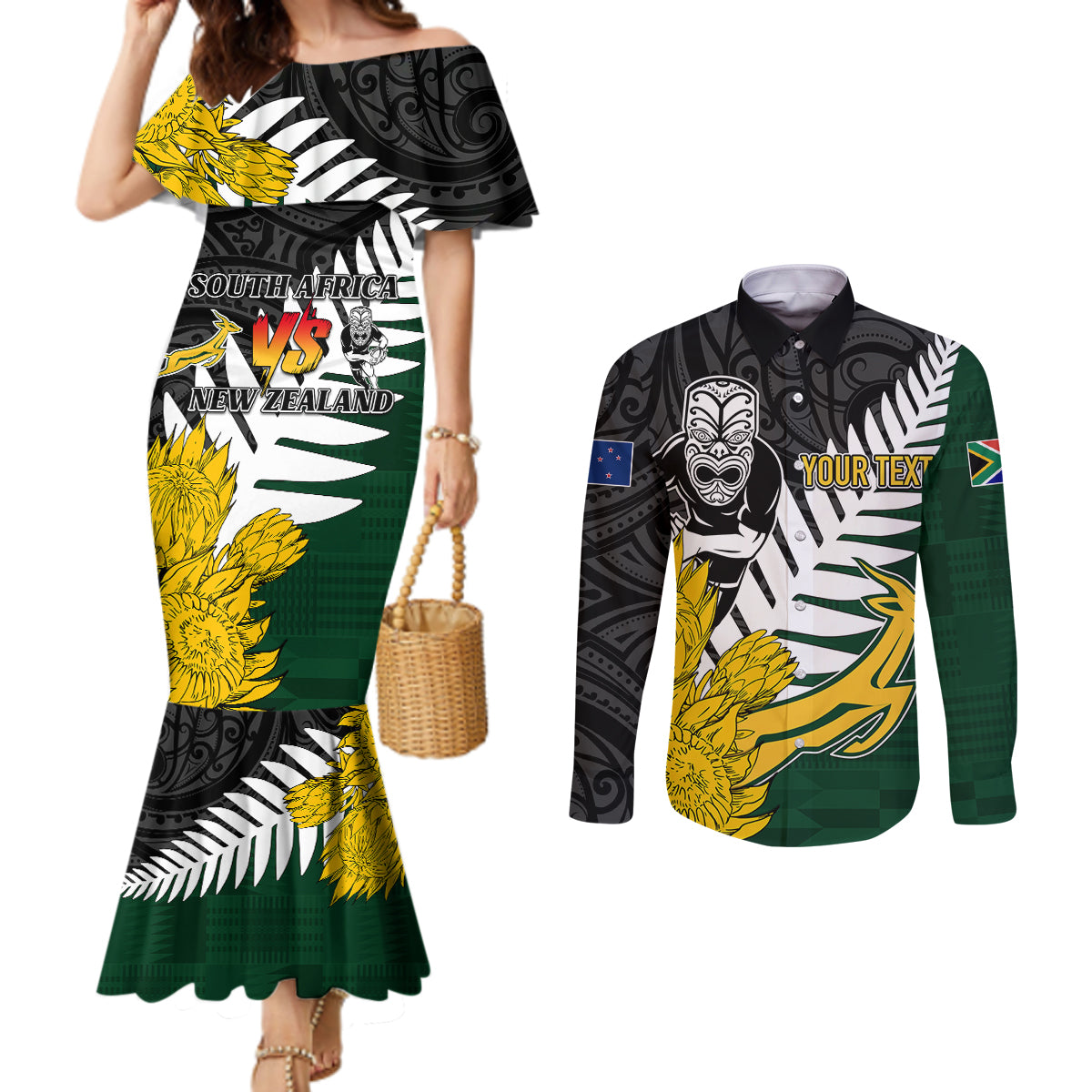 personalised-new-zealand-vs-south-africa-rugby-couples-matching-mermaid-dress-and-long-sleeve-button-shirts-rivals-tribal-style