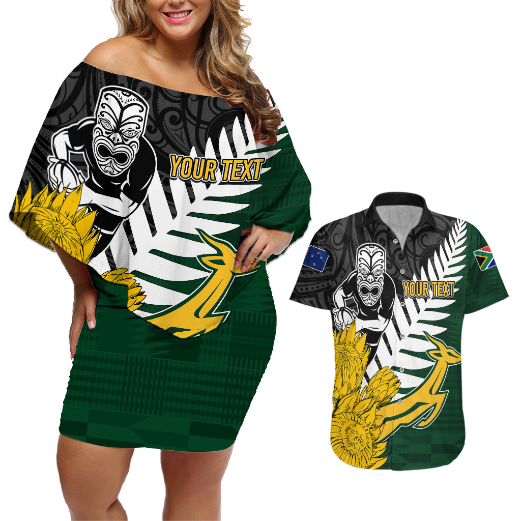 Personalised New Zealand Vs South Africa Rugby Couples Matching Off Shoulder Short Dress and Hawaiian Shirt Rivals - Tribal Style LT7 - Wonder Print Shop