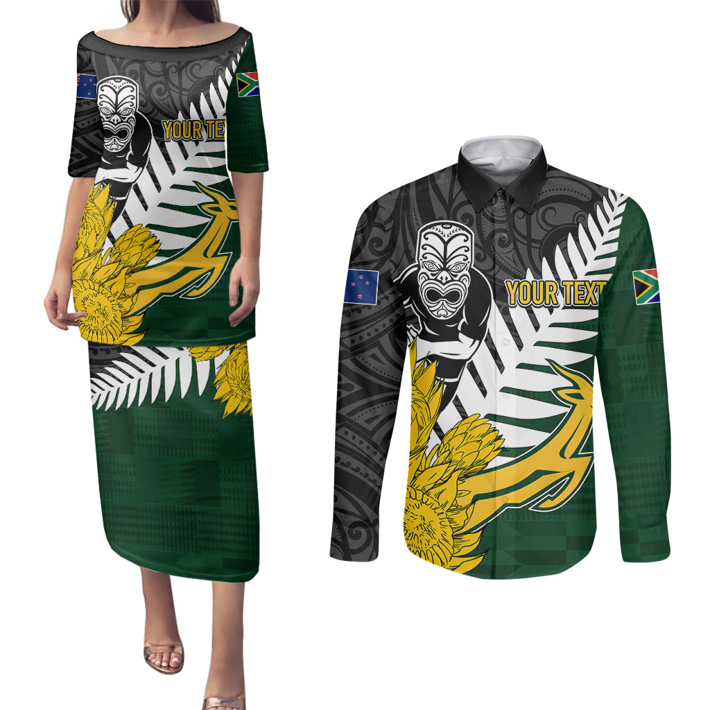 Personalised New Zealand Vs South Africa Rugby Couples Matching Puletasi Dress and Long Sleeve Button Shirts Rivals - Tribal Style LT7 - Wonder Print Shop