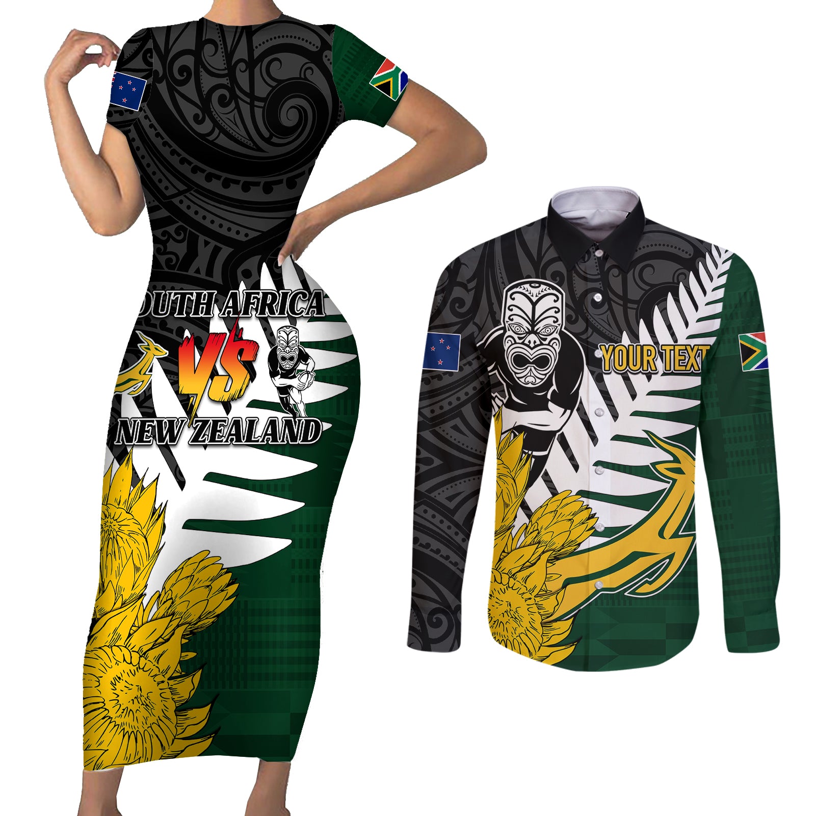 Personalised New Zealand Vs South Africa Rugby Couples Matching Short Sleeve Bodycon Dress and Long Sleeve Button Shirts Rivals - Tribal Style LT7 - Wonder Print Shop