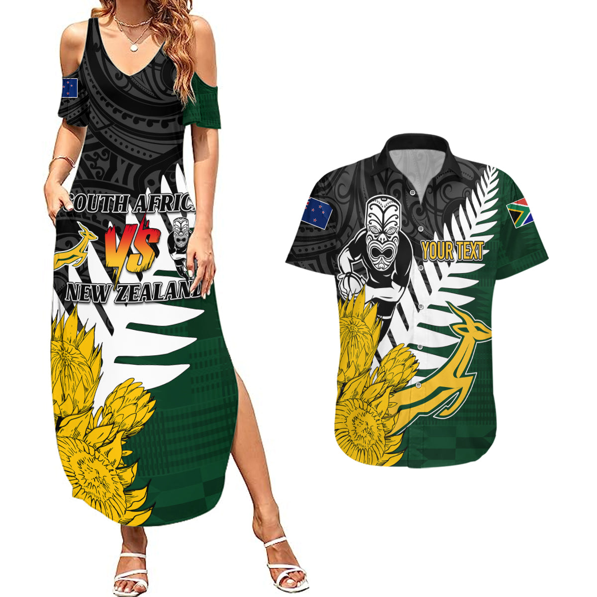 Personalised New Zealand Vs South Africa Rugby Couples Matching Summer Maxi Dress and Hawaiian Shirt Rivals - Tribal Style LT7 - Wonder Print Shop