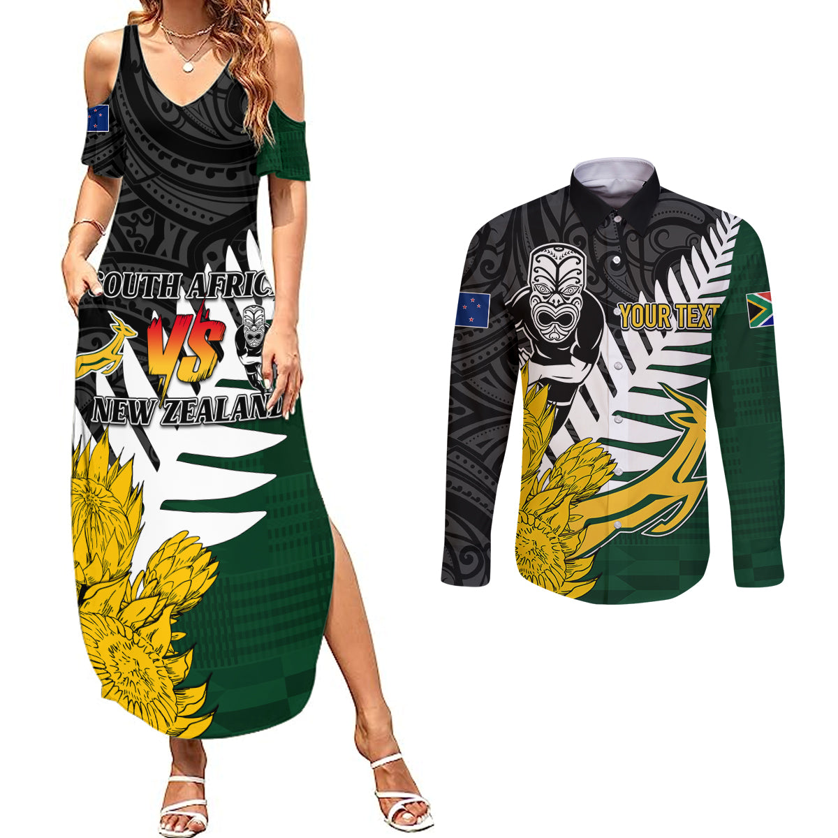 Personalised New Zealand Vs South Africa Rugby Couples Matching Summer Maxi Dress and Long Sleeve Button Shirts Rivals - Tribal Style LT7 - Wonder Print Shop