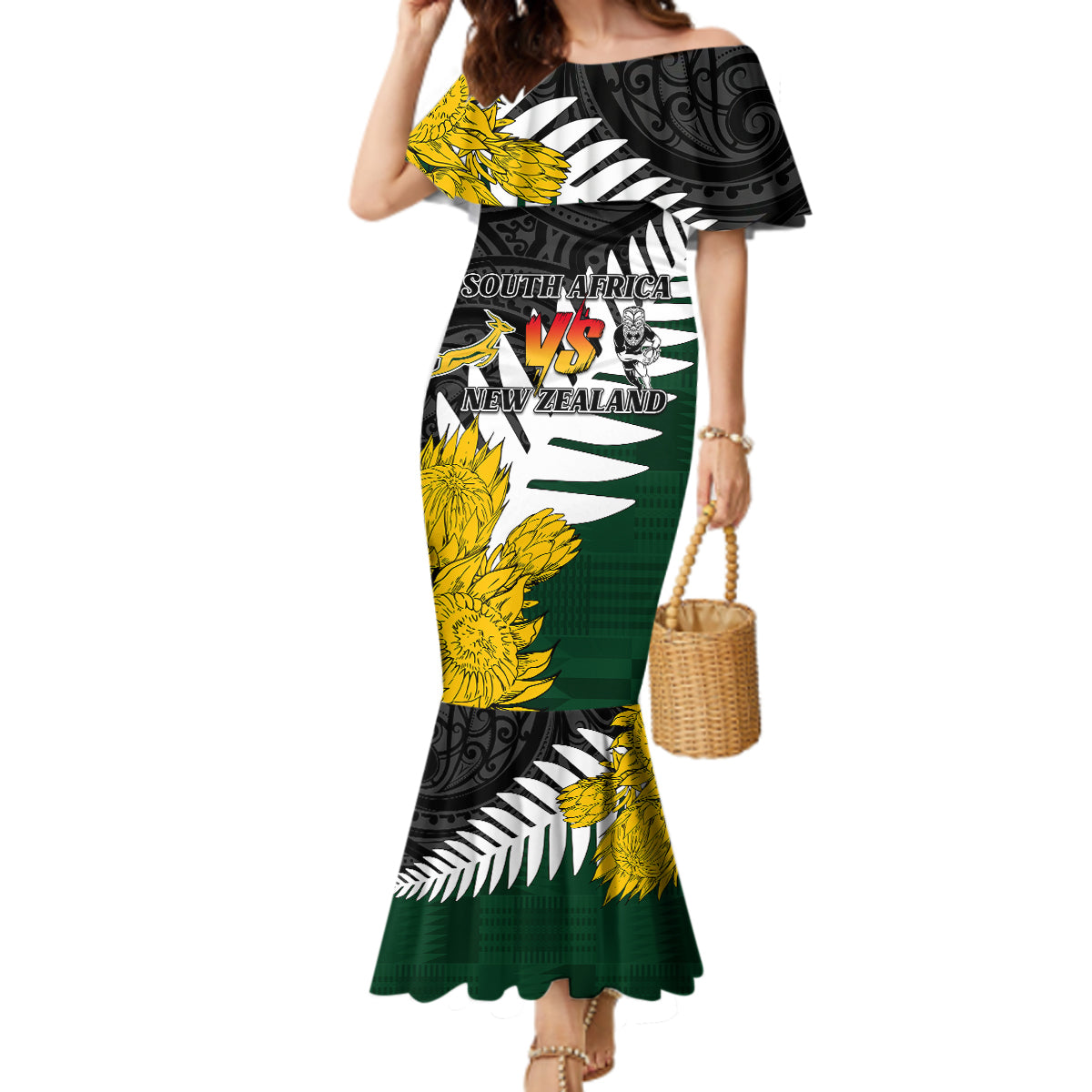 Personalised New Zealand Vs South Africa Rugby Mermaid Dress Rivals - Tribal Style - Wonder Print Shop