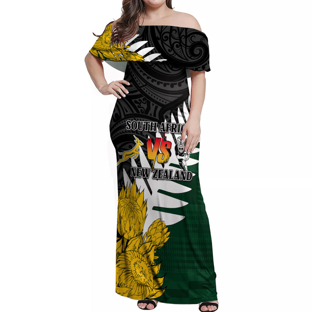 Personalised New Zealand Vs South Africa Rugby Off Shoulder Maxi Dress Rivals - Tribal Style - Wonder Print Shop