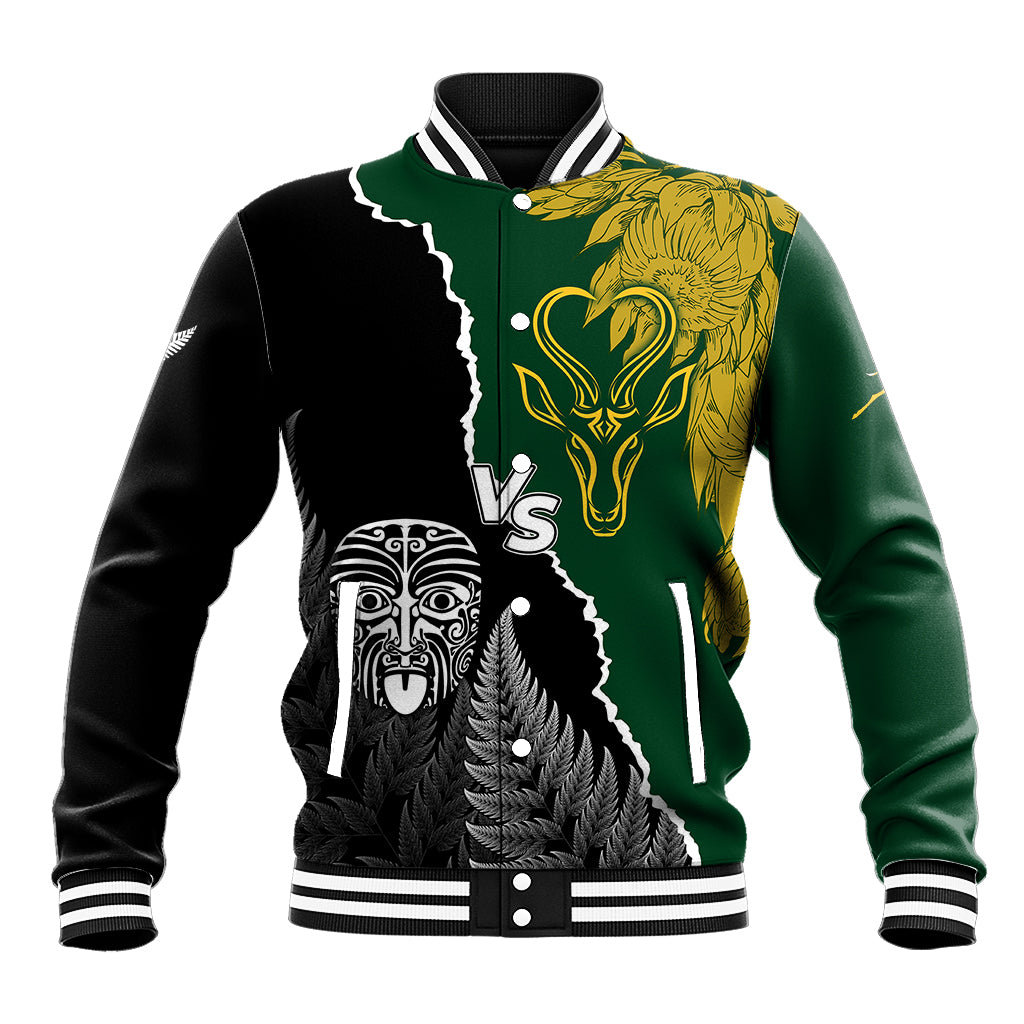 Personalized rugby baseball jacket, green and black with 'VS' graphic and striped collar