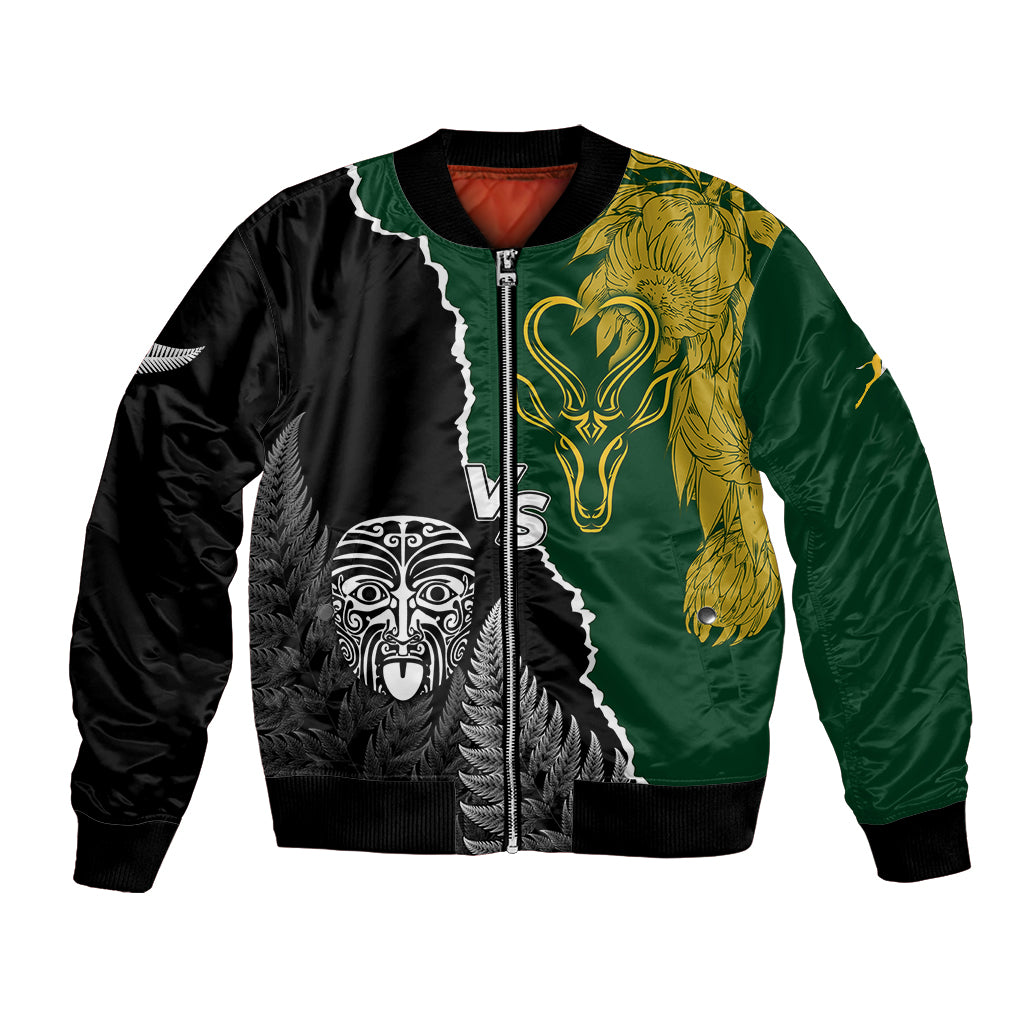 Black and green unisex bomber jacket with front zipper and tribal animal graphic