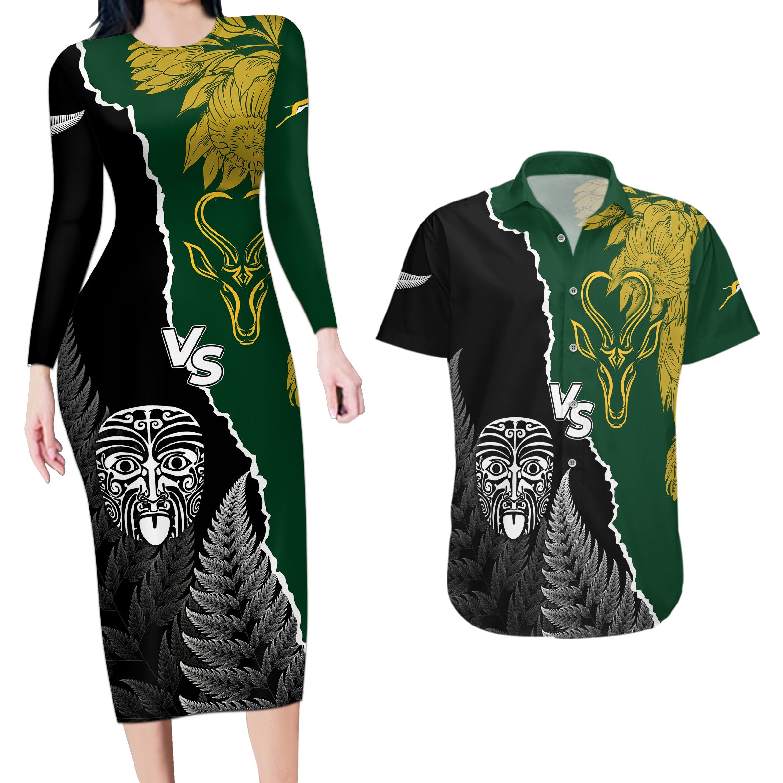 Personalised New Zealand Vs South Africa Rugby Couples Matching Long Sleeve Bodycon Dress and Hawaiian Shirt Rivals Dynamics LT7 - Wonder Print Shop