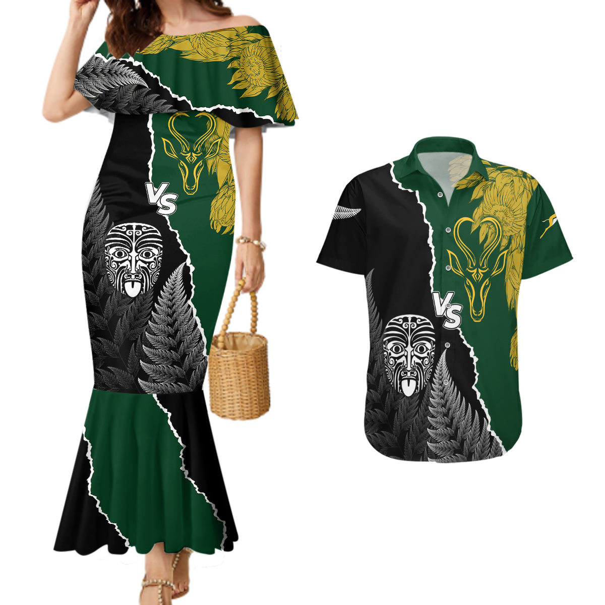 Personalised New Zealand Vs South Africa Rugby Couples Matching Mermaid Dress and Hawaiian Shirt Rivals Dynamics LT7 - Wonder Print Shop