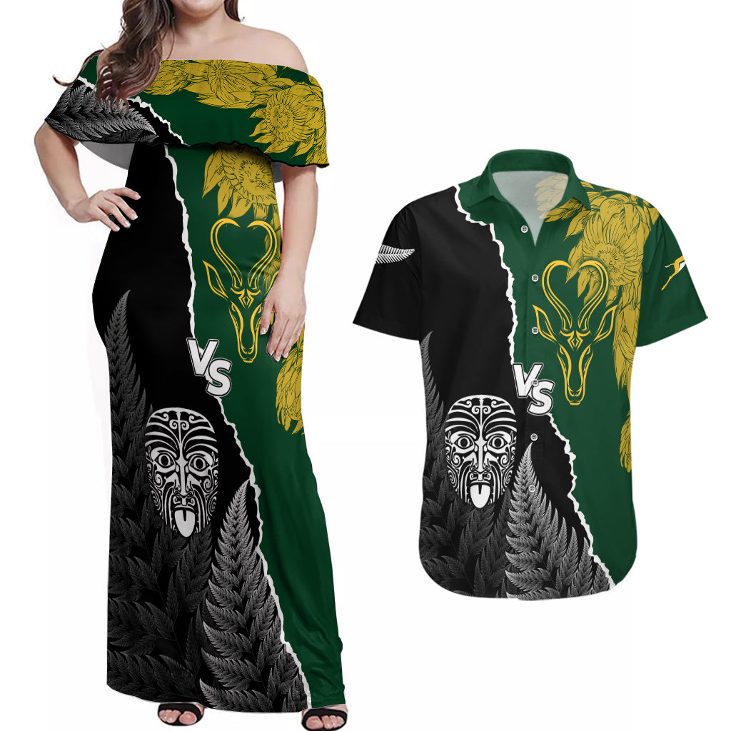 Personalised New Zealand Vs South Africa Rugby Couples Matching Off Shoulder Maxi Dress and Hawaiian Shirt Rivals Dynamics LT7 - Wonder Print Shop