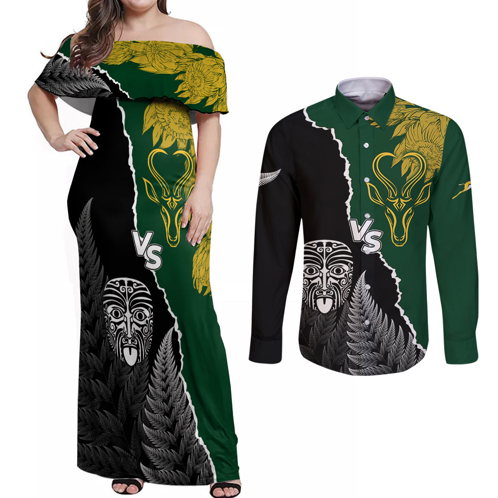 Personalised New Zealand Vs South Africa Rugby Couples Matching Off Shoulder Maxi Dress and Long Sleeve Button Shirts Rivals Dynamics LT7 - Wonder Print Shop